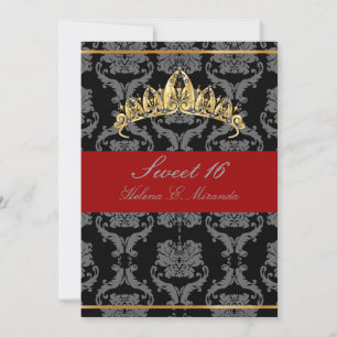 PixDezines Damask Sweet 16/ tiara/black/red velvet Invitation