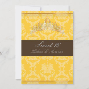 PixDezines Damask Sweet 16/ tiara/yellow+chocolate Invitation