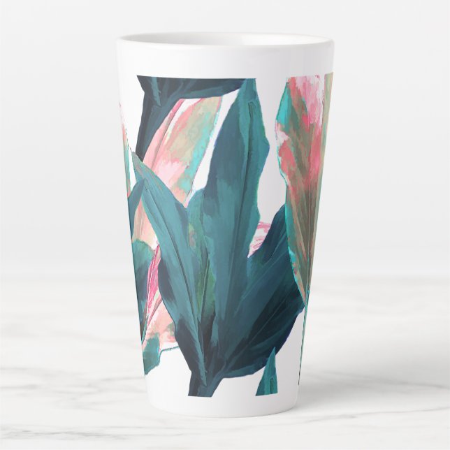 PixDezines Dark Teal+Pink Ti Leaves Latte Mug (Front)