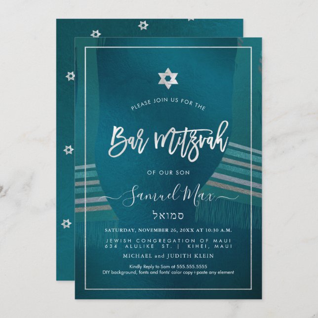 PixDezines Dark Teal+Platinum Talitz Bar Mitzvah Invitation (Front/Back)