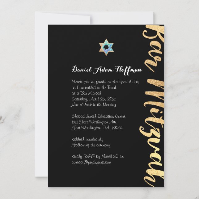 PixDezines dazzled/gold script/bar mitzvah Invitation (Back)