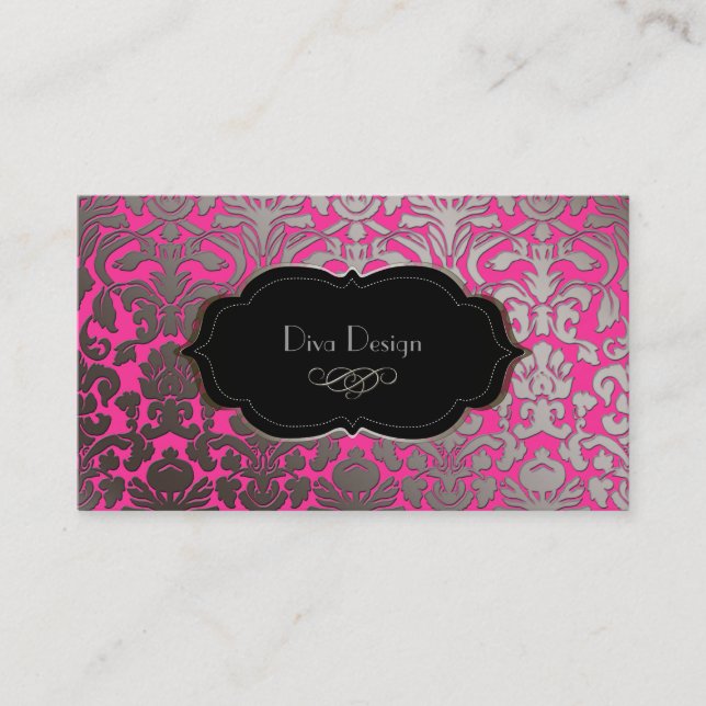 PixDezines DIY colour/hot pink flora damask Business Card (Front)