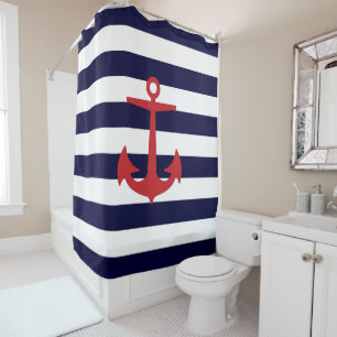 PixDezines DIY colour Nautical Stripes/Red Anchor Shower Curtain
