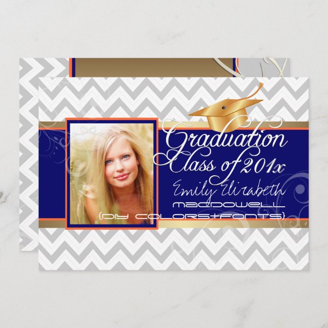 PixDezines diy colours/white chevron/graduation Invitation (Front/Back)