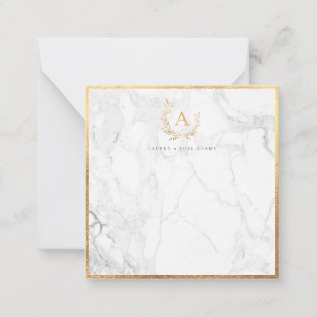 PixDezines DIY faux gold monogram marble note card (Front)