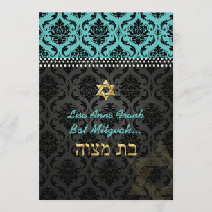 PixDezines DIY teal Vendome Damask, Bat Mitzvah Invitation