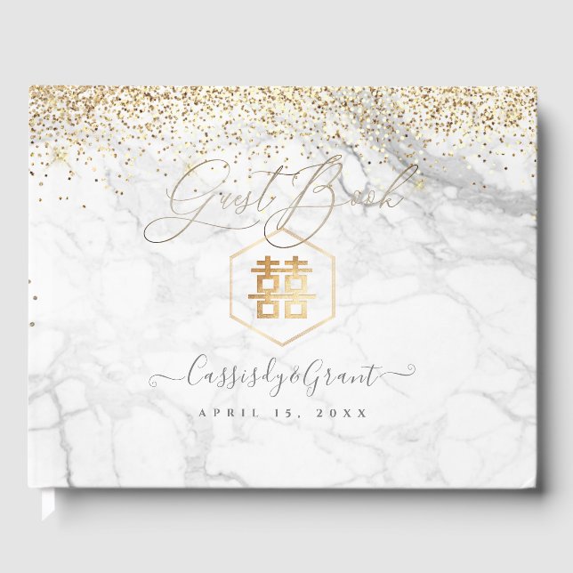 PixDezines Double Happiness Marble+Gold Glitter Guest Book (Front)