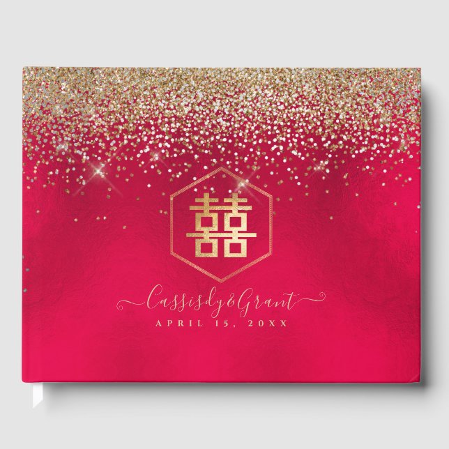 PixDezines Double Happiness Red Gold Glitter Guest Book (Front)