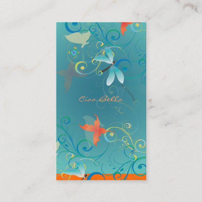 PixDezines Dragonflies Butterflies Rainbow Swirls Business Card (Front)