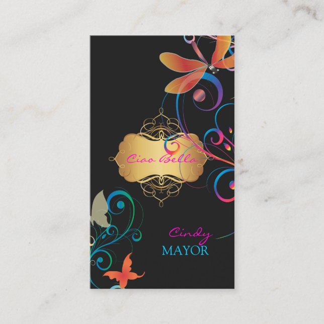 PixDezines Dragonflies Butterflies Rainbow Swirls Business Card (Front)