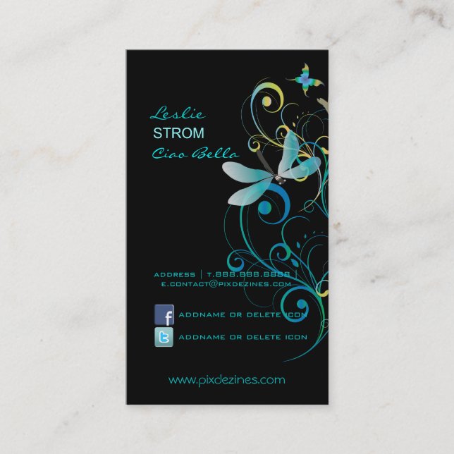 PixDezines Dragonflies Butterflies Rainbow Swirls Business Card (Front)
