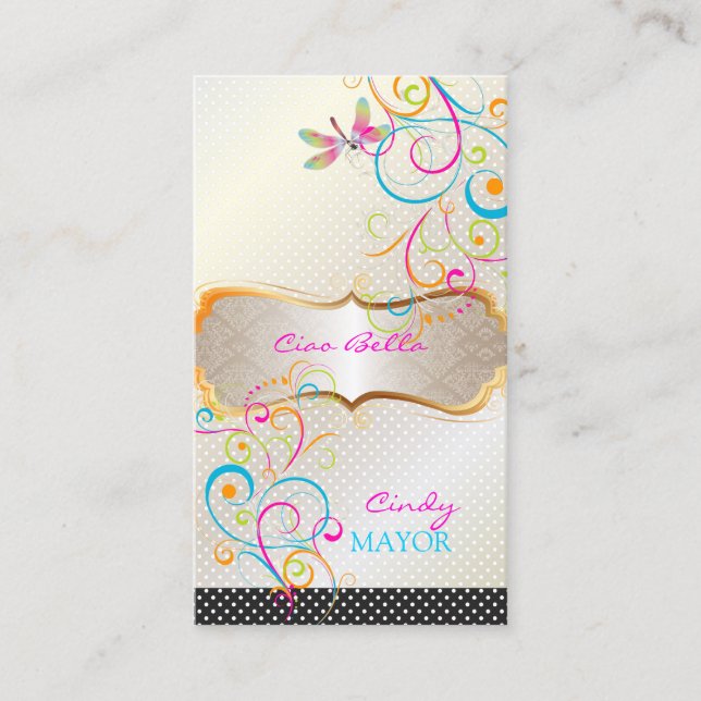 PixDezines Dragonflies Rainbow Swirls Business Card (Front)