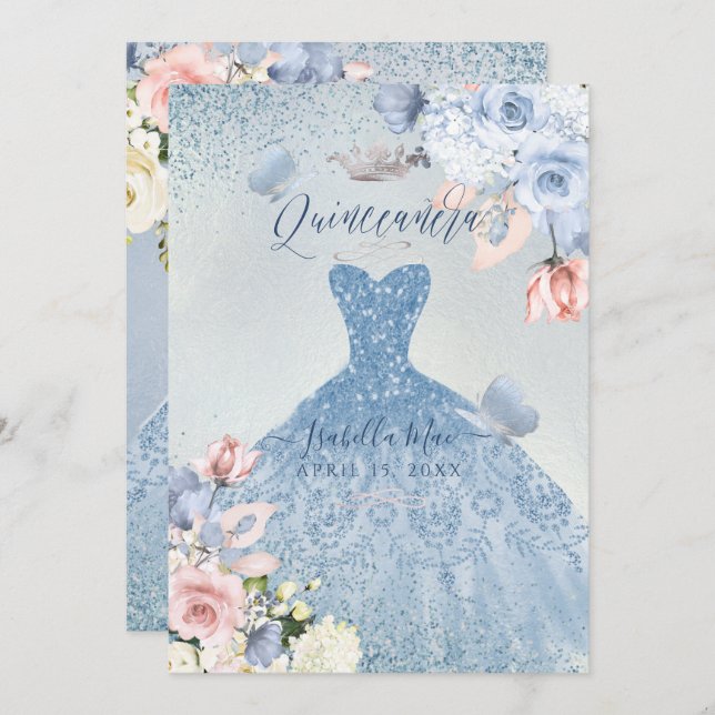 PixDezines Dusty Blue Blush Roses Quinceanera Invitation (Front/Back)