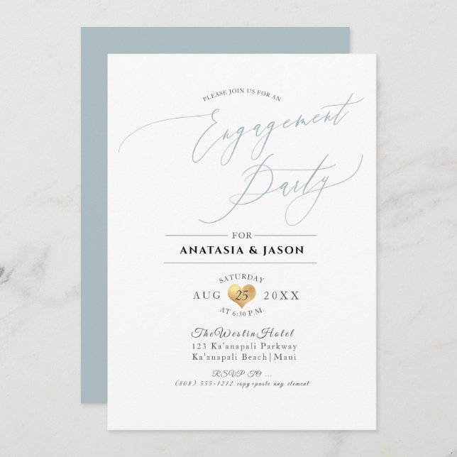 PixDezines Dusty Blue Calligraphy Engagement Party Invitation (Front/Back)