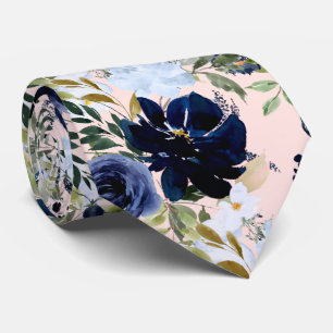 PixDezines Dusty Blue Navy Watercolor Flowers Pink Tie