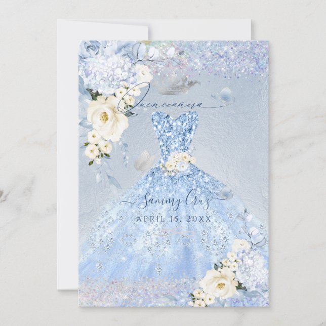 PixDezines Dusty Blue Roses Quinceanera Dress Invitation (Front)