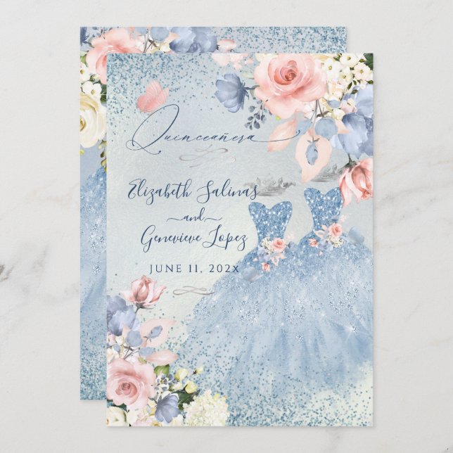 PixDezines Dusty Blue Roses Twins Quinceanera Invitation (Front/Back)
