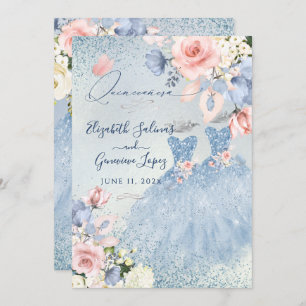 PixDezines Dusty Blue Roses Twins Quinceanera Invitation