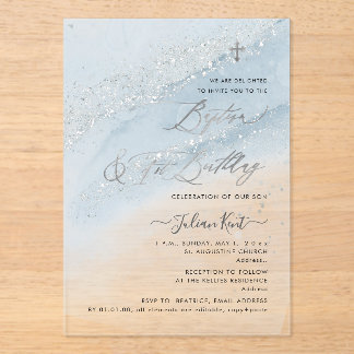 PixDezines Dusty Blue Silver Baptism+1st Birthday Acrylic Invitations