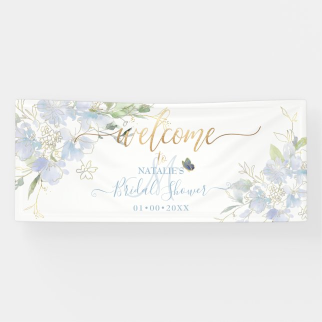PixDezines Dusty Blue Watercolor Sweet Pea Flowers Banner (Horizontal)