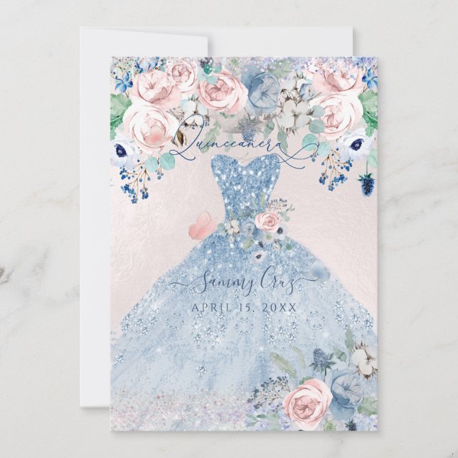 PixDezines Dusty Pink Blue Peonies Quinceanera Invitation (Front)