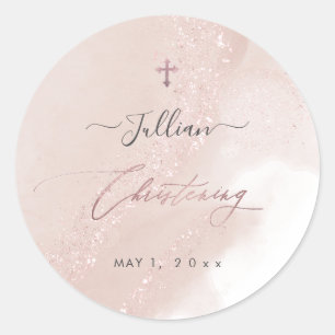 PixDezines Dusty Pink Rose Gold Christening Classic Round Sticker