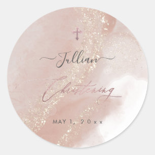 PixDezines Dusty Pink Rose Gold Christening Classic Round Sticker
