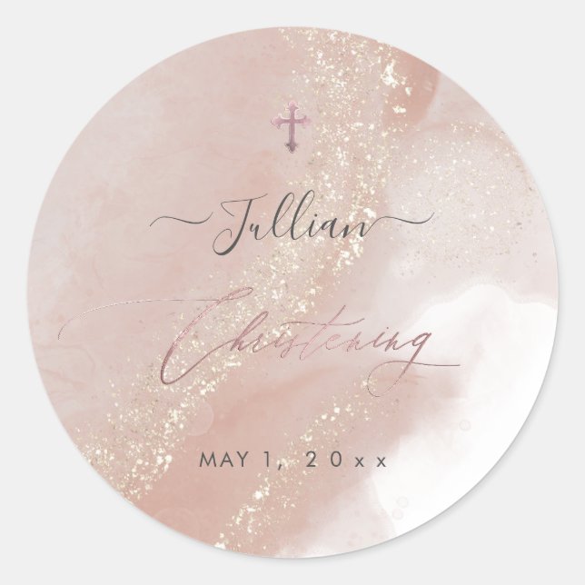 PixDezines Dusty Pink Rose Gold Christening Classic Round Sticker (Front)
