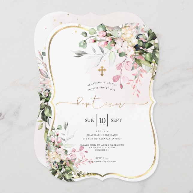 PixDezines Dusty Pink, Rustic Watercolor Baptism Invitation (Front/Back)
