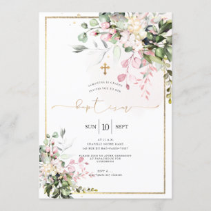 PixDezines Dusty Pink, Rustic Watercolor Baptism Invitation