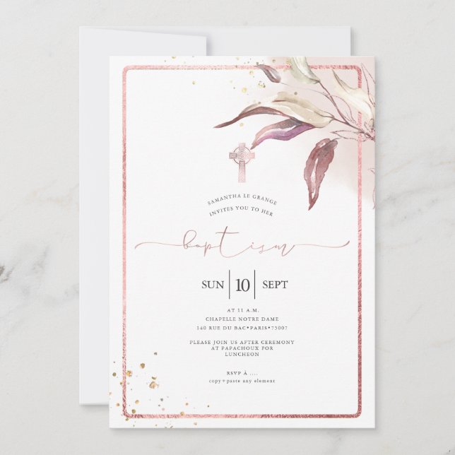 PixDezines Dusty Rose Eucalyptus Sprig Baptism Invitation (Front)