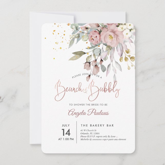 PixDezines Dusty Roses Eucalyptus Brunch+Bubbly Invitation (Front)