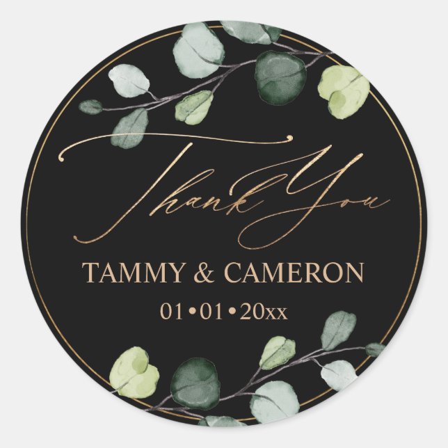 PixDezines Elegant Black Green Gold Eucalyptus  Classic Round Sticker (Front)