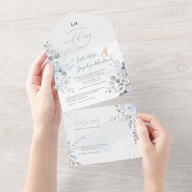 PixDezines Elegant Dusty Blue Roses All In One Invitation (Tearaway)