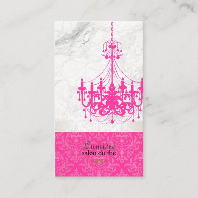 PixDezines elegant hot pink chandelier+marble Business Card (Front)