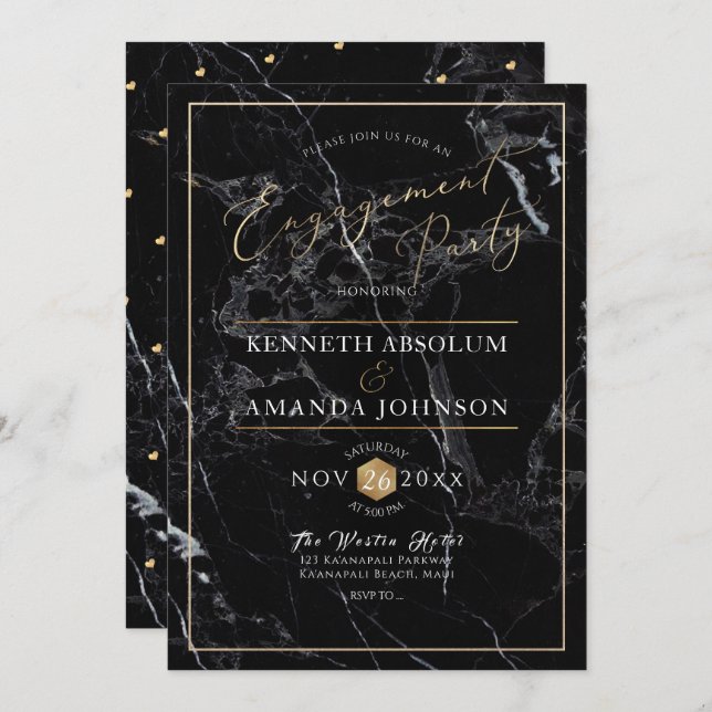 PixDezines Elegant Script, Black Marble+Faux Gold Invitation (Front/Back)