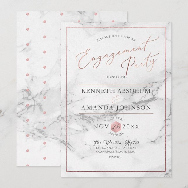 PixDezines Elegant Script, Marble+Faux Rose Gold Invitation (Front/Back)