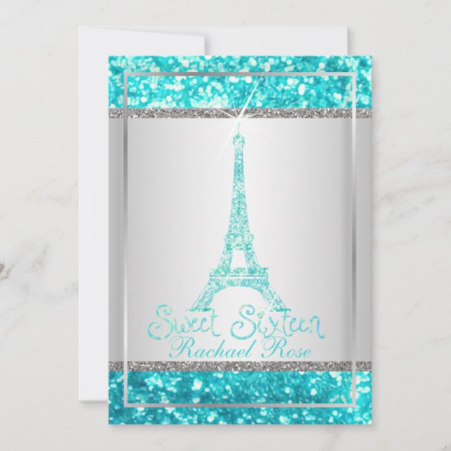 PixDezines faux glitter eifflel/aqua blue/sweet 16 Invitation (Front)