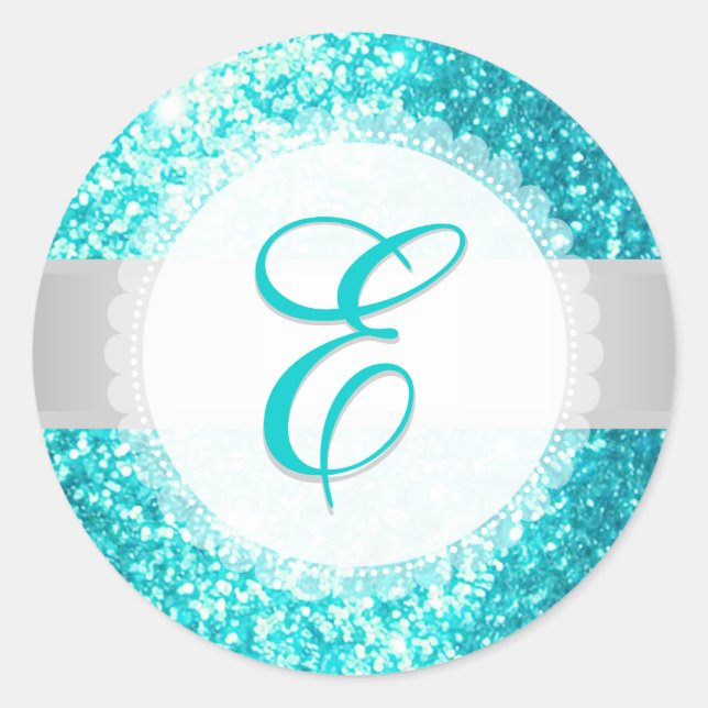 PixDezines FAUX GLITTER MONOGRAM | AQUA BLUE Classic Round Sticker (Front)