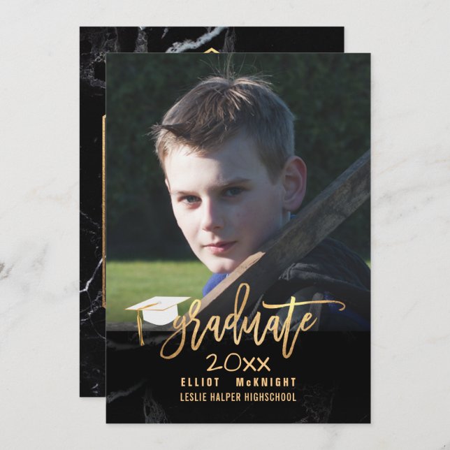 PixDezines Faux Gold /Black Marble Graduation Invitation (Front/Back)