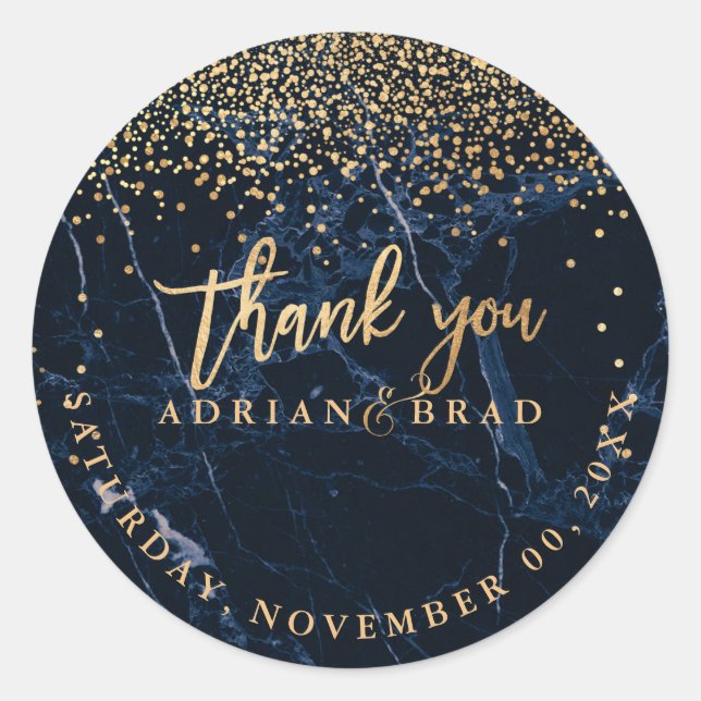 PixDezines Faux Gold Confetti/Blue Marble Classic Round Sticker (Front)