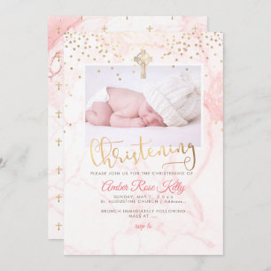 PixDezines Faux Gold Confetti+Marble Christening Invitation