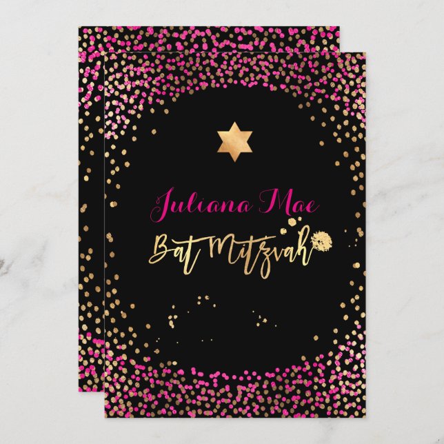 PixDezines Faux Gold+Hot Pink Confetti Bat Mitzvah Invitation (Front/Back)