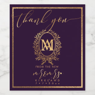 PixDezines Faux Gold Monogram+Laurel Wreath Wine Label