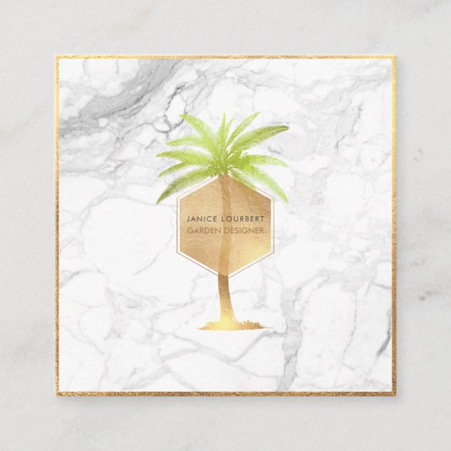 PixDezines FAUX GOLD PALM TREE+MARBLE Square Business Card (Front)