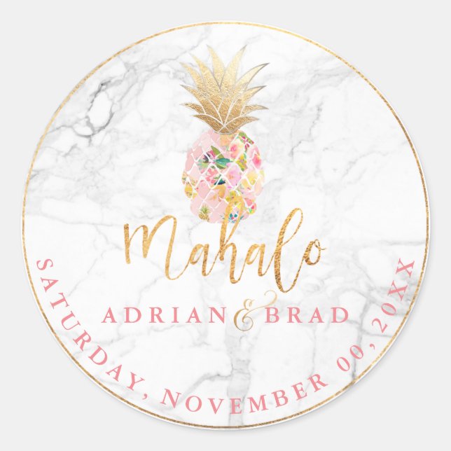 PixDezines Faux Gold Pineapple/Pink/Marble Classic Round Sticker (Front)