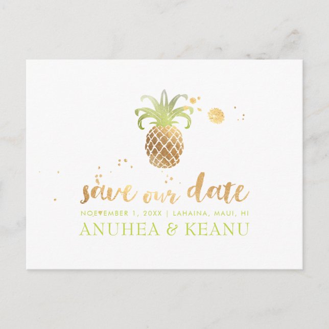 PixDezines Faux Gold Pineapple/Save the Date Announcement Postcard (Front)