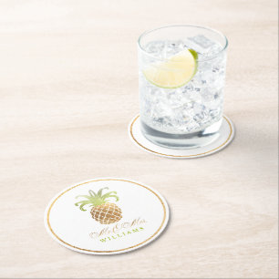 PixDezines Faux Gold/Pineapples Round Paper Coaster