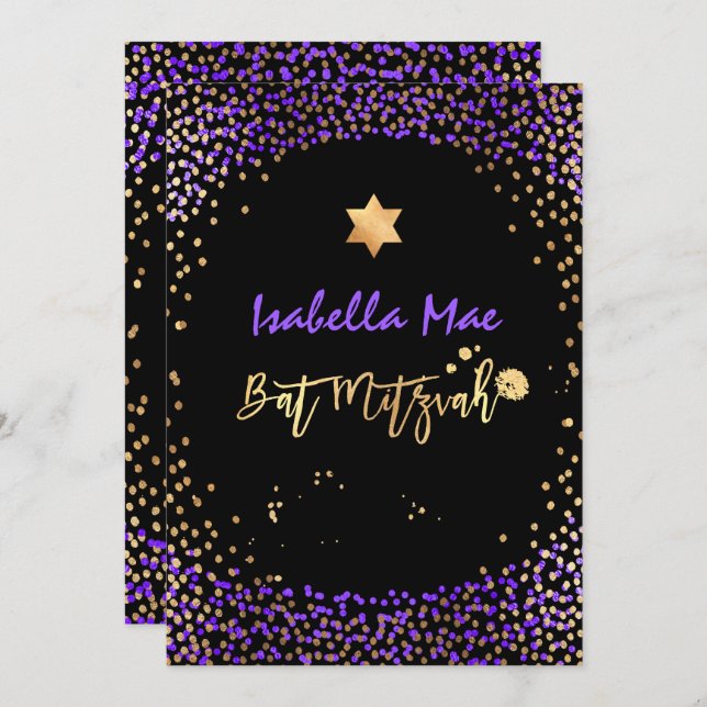 PixDezines Faux Gold+Purple Confetti Bat Mitzvah Invitation (Front/Back)