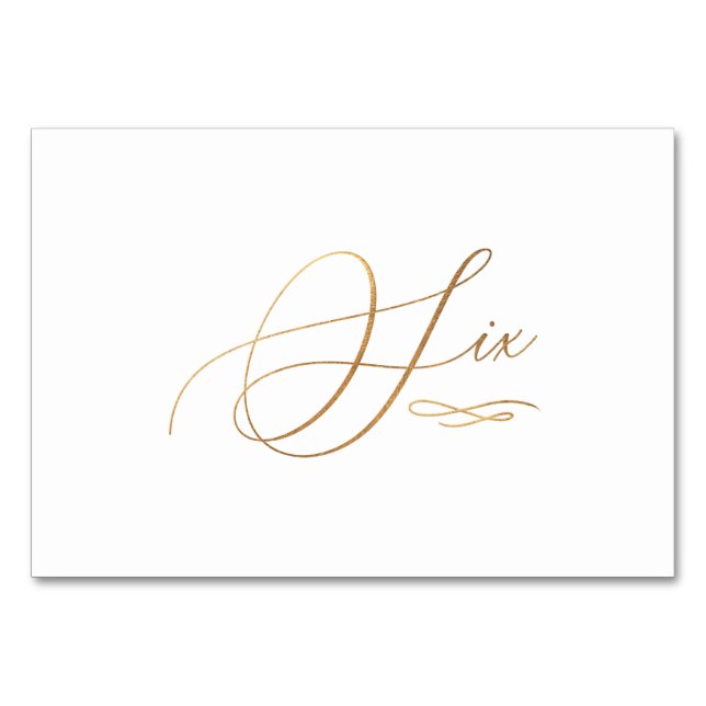 PixDezines Faux Gold Romantic Calligraphy Six 6 Table Number (Front)